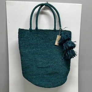 Mar y sol New Green Woven Tote Bag with Tassel Detail rafia